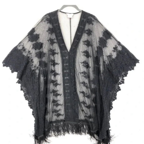 Black Lace Fringe Swim Coverup Kimono - Picture 3 of 4